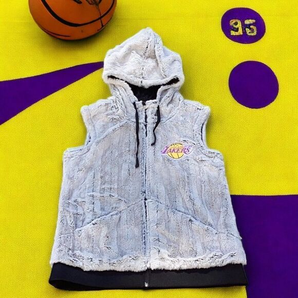 ANTIGUA WOMENS NBA L.A.LAKERS BASKETBALL ZIP UP HOODED FAUX FUR VEST COAT MED - Picture 3 of 9